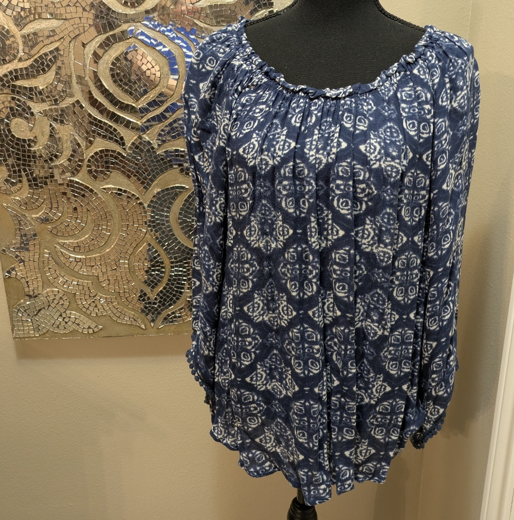 Women's Blue Patterned Peasant Blouse